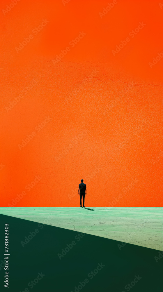 Small man in black stands against the backdrop of a large red-orange wall. Japanese minimalism concept. Minimalist landscape style. Loneliness and depression concept. Vertical Banner Small man in black stands against the backdrop of a large red-orange wall. Japanese minimalism concept. Minimalist landscape style. Loneliness and depression concept. Vertical Banner