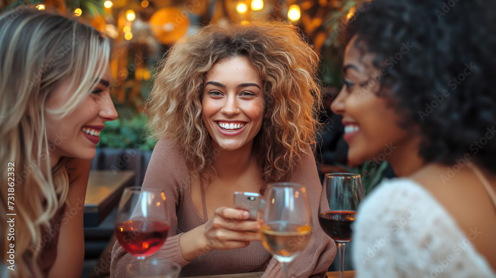 Group of young, beautiful women in a bar at a party or bachelorette party talking and enjoying each other's company