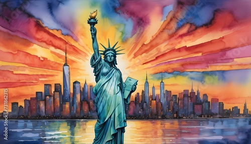 Watercolor Painting of the Statue of Liberty - Standing Tall Amidst a Backdrop of Vibrant New York City Skyscrapers and a Colorful Sunset