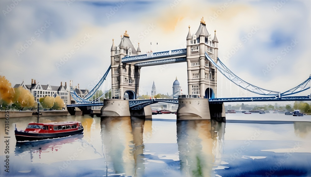 Watercolor Painting of Tower Bridge - its elegant arches reflected in the calm waters of the River Thames in London