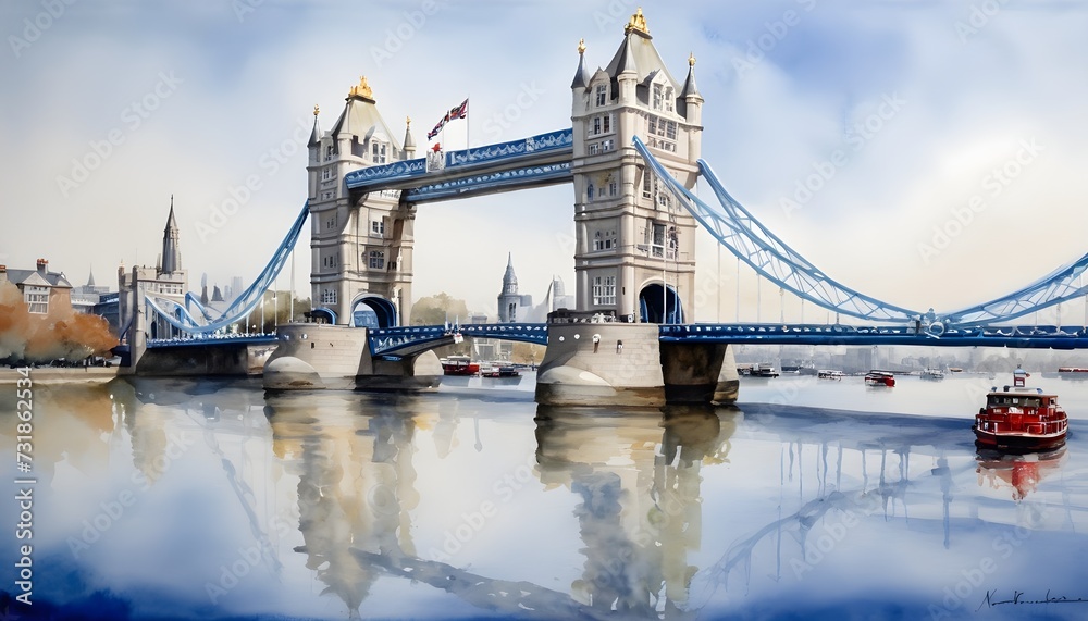 Watercolor Painting of Tower Bridge - its elegant arches reflected in the calm waters of the River Thames in London