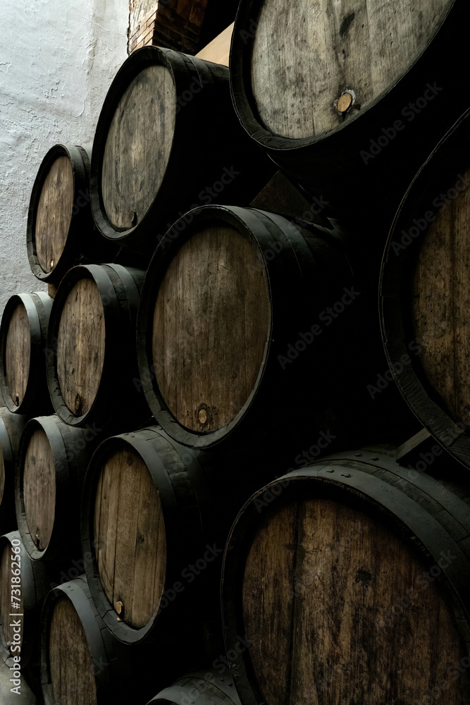 Wine casks at the winery. Stacked Wine barrels at the german winery. Old vintage whisky cask. old Single Malt