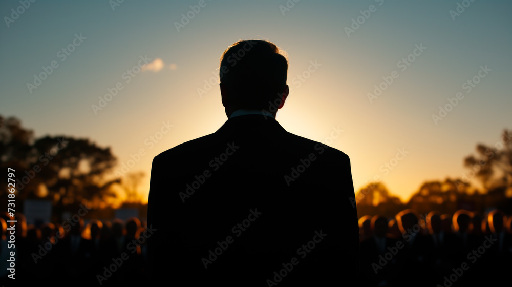 Silhouette of political candidate at rally during sunset.