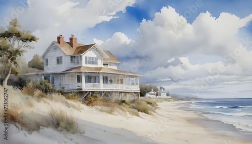 Whitewashed Beach House - Coastal Watercolor Sea Painting with Wispy Clouds