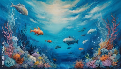 Whimsical Underwater World - Mixed Media Sea Painting with Wispy Clouds
