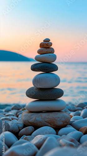 Zen stones stack on pebble beach at sunset.