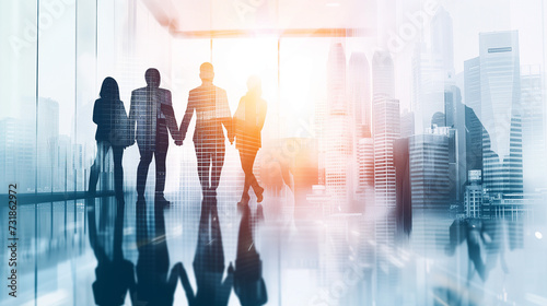 Double exposure image of business people handshake on city office building in background showing partnership success of business deal. Concept of corporate teamwork  trust partner and work agreement.