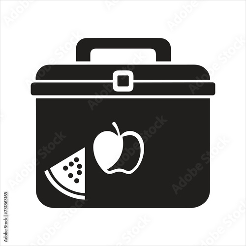 Sport Shaker With Fresh Juice icon. Lunch box icon. Lunch box with sandwich, a bottle of water and fruit icon