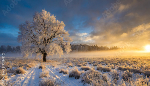 Winterlandschaft mit Morgennebel und einem mit Reif bedeckte Baum 