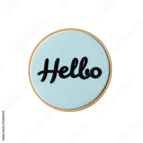 embroidered sticky badge with the word hello on an isolated transparent background photo