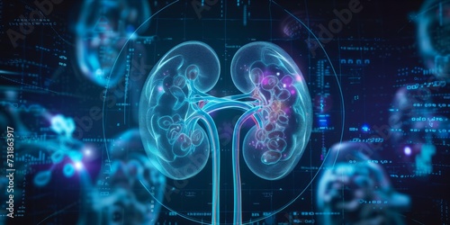 Transparent digital illustration of kidneys with health monitoring data.