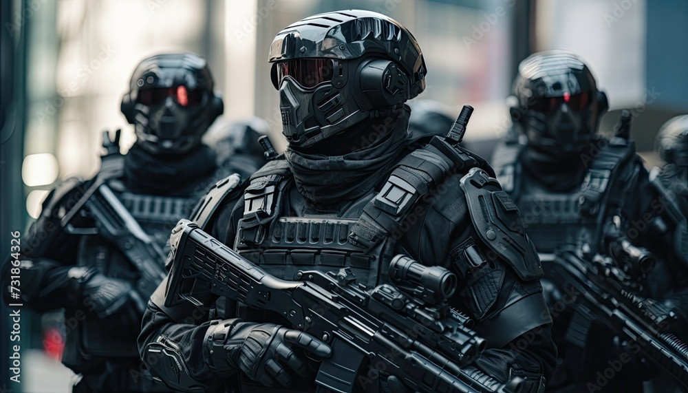 Group of Men in Military Gear Standing Together Group of Men in Military Gear Standing Together