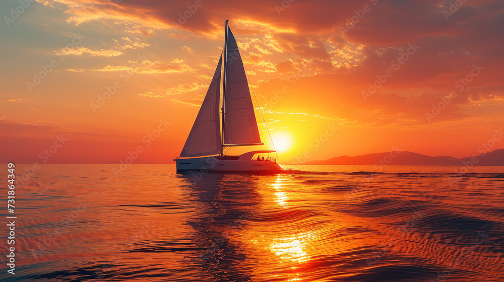 A modern sailing during the sunset. Generative AI.