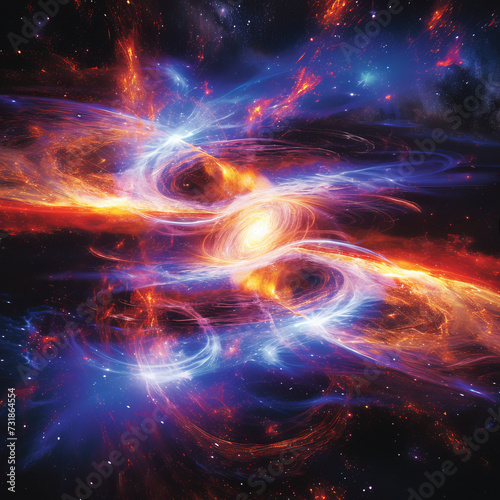 Galactic Collision Art. Artistic representation of a cosmic collision in a vibrant galaxy.