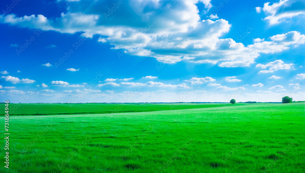 meadow, grassland, landscape,agriculture,lawn, field,  sky, cloud,  flower, nature, spring,Background image of a vast green field under a bright blue sky. bright green grass Receives light well The ba
