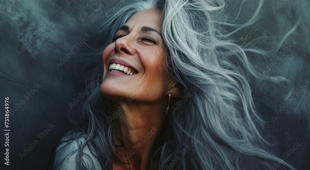 Joyful Woman with Dark Gray Hair: Smiling and Waving Hair Happily
