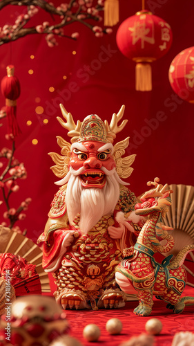 Chinese folklore Dragon God suitable for Chinese New Year. Decorative colorful background.