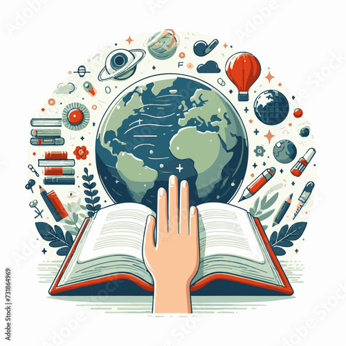 Vector illustration of a hand holding a book and a globe with school supplies around