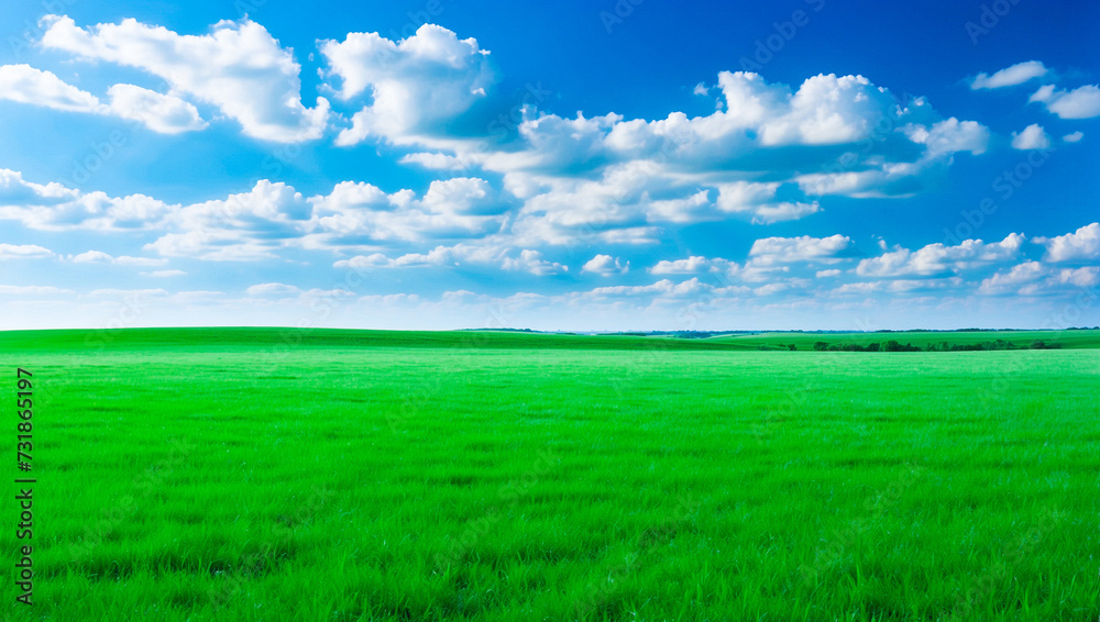 Fototapeta premium meadow, grassland, landscape,agriculture,lawn, field, sky, cloud, flower, nature, spring,Background image of a vast green field under a bright blue sky. bright green grass Receives light well The ba