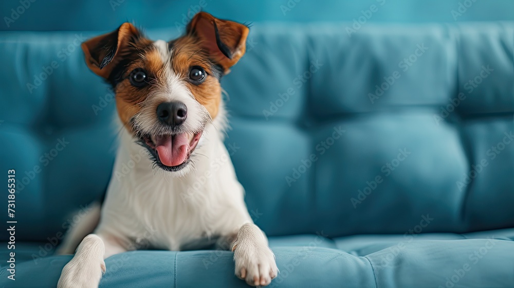 content and happy puppy sitting on a sofa, so cute and lovely, the puppy's eyes are adorable