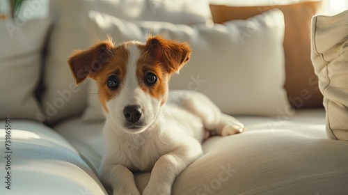content and happy puppy sitting on a sofa, so cute and lovely, the puppy's eyes are adorable © dee-nesia