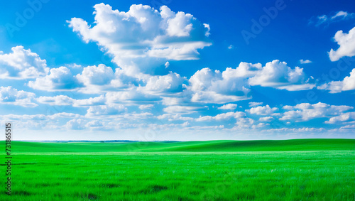 meadow, grassland, landscape,agriculture,lawn, field, sky, cloud, flower, nature, spring,Background image of a vast green field under a bright blue sky. bright green grass Receives light well The ba
