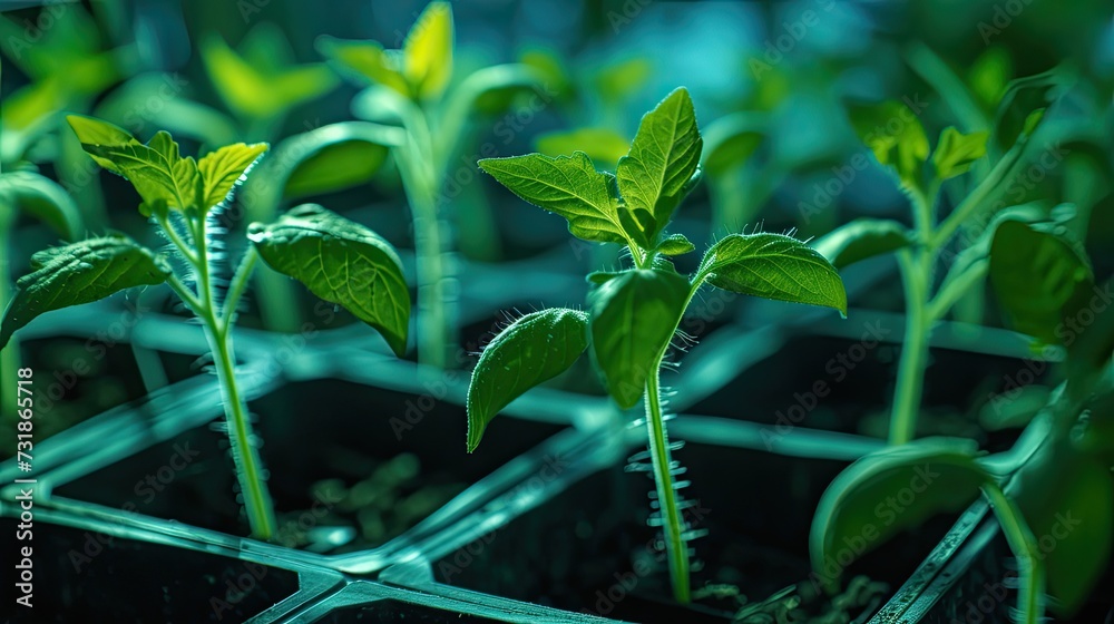 two weeks old tomato seeds grow in seedling tray in a greenhouse two weeks old tomato seeds grow in seedling tray in a greenhouse