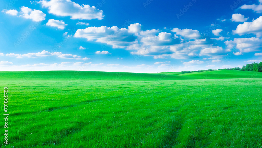 meadow, grassland, landscape,agriculture,lawn, field,  sky, cloud,  flower, nature, spring,Background image of a vast green field under a bright blue sky. bright green grass Receives light well The ba