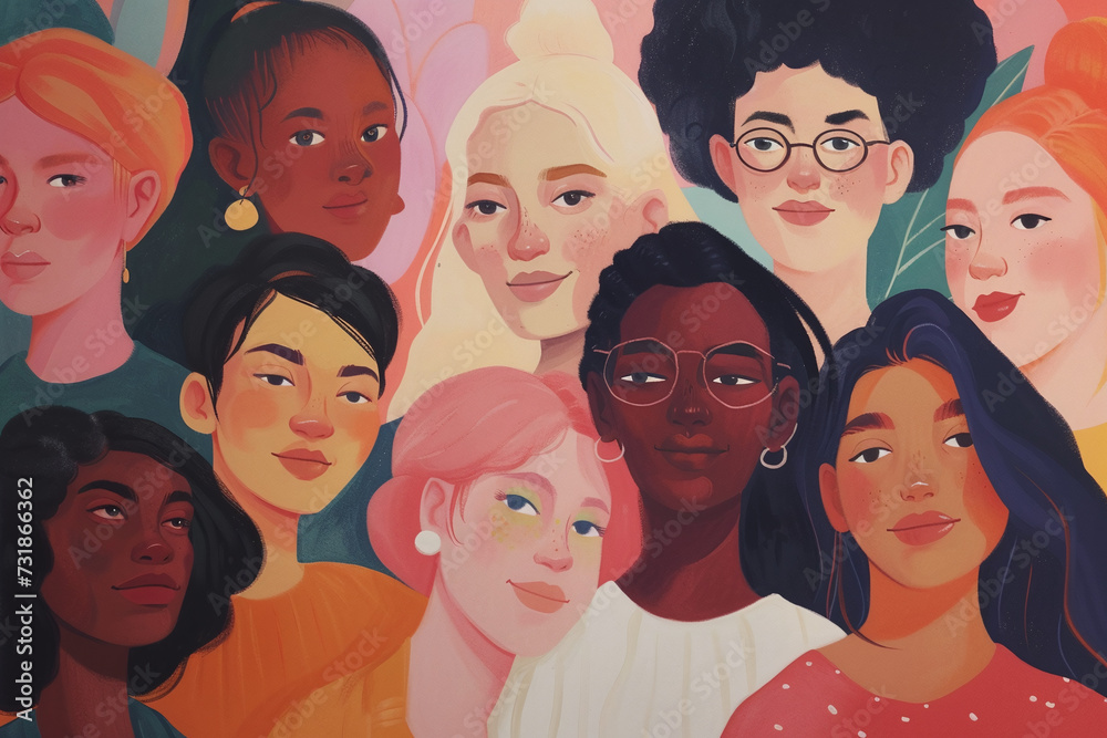 Empowerment and Diversity Concept Illustration Featuring Portraits of Women from Different Ethnic Backgrounds