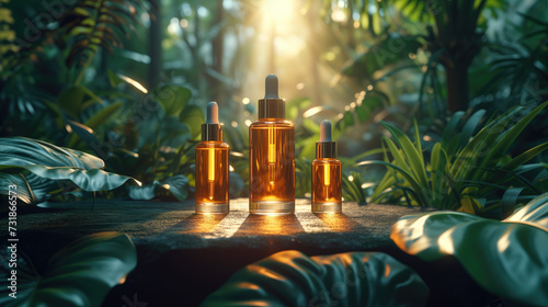 packaging serum or cosmetics fragrance with modern design and elegance in tropical forest for product presentation on green background and dramatic light.  photo