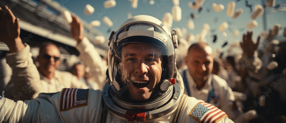 A close-up portrait of a joyful cosmonaut who successfully returned to earth after a space mission
