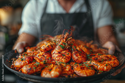 The cook is holding a plate of grilled shrimp.