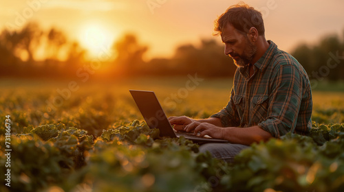Farmer works in the field with a laptop. Agricultural crop business concept. A farmer with a laptop studies sprouts.