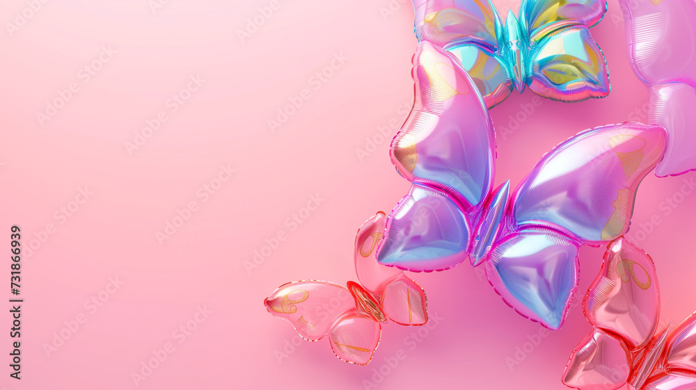Colorful Inflatable Butterflies on Soft Pink Background , Vibrant Summer Vibe