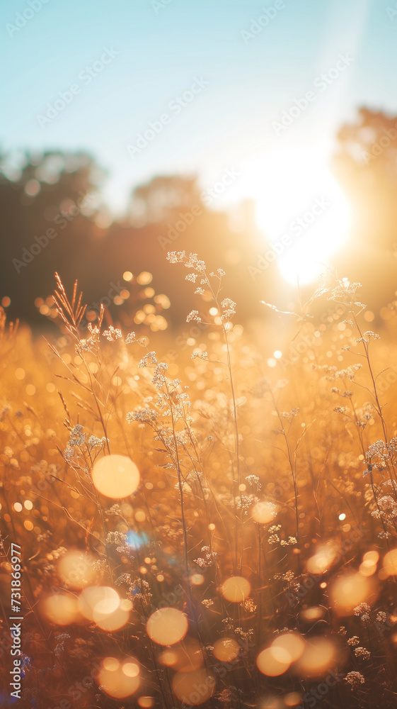 golden hour sunlight creating natural bokeh in a field, serene