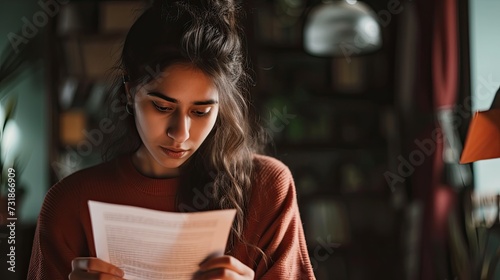 woman looking at papers in her hand while sitting on a sofa in her home. She is thinking about the bill she has to pay