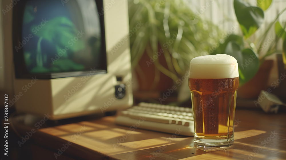 Cinematic wide angle photograph of a beer pint glass on a desk with an 90s beige computer. Product photography. Advertising. - obrazy, fototapety, plakaty 