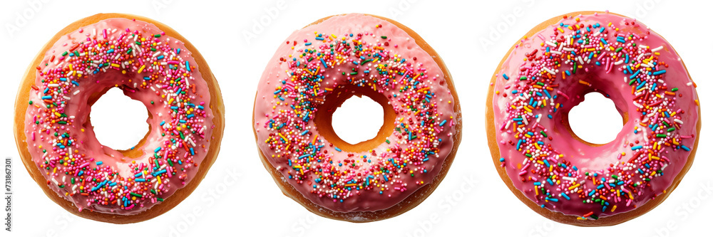 Pink Donuts with Sprinkles Set Isolated on Transparent or White Background, PNG