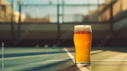 Cinematic wide angle photograph of a beer pint glass in a 90s padel court.  Product photography. Advertising.