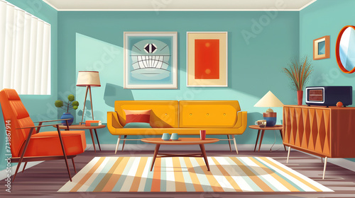 Transport viewers to the sleek and stylish world of midcentury modern design with an image highlighting iconic furniture pieces, minimalist interiors, and atomic-inspired decor. © Sarang