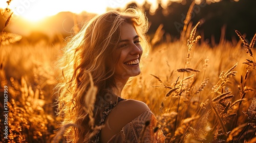 Happy laughing Beautiful woman stands in a wheat field at sunset. Serenity and natural beauty in countryside nature © Anna Zhuk