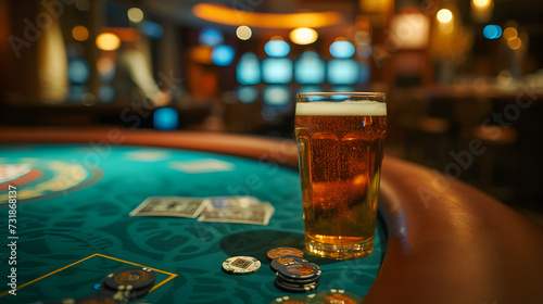 Cinematic wide angle photograph of a beer pint glass on a poker table. Product photography. Advertising.