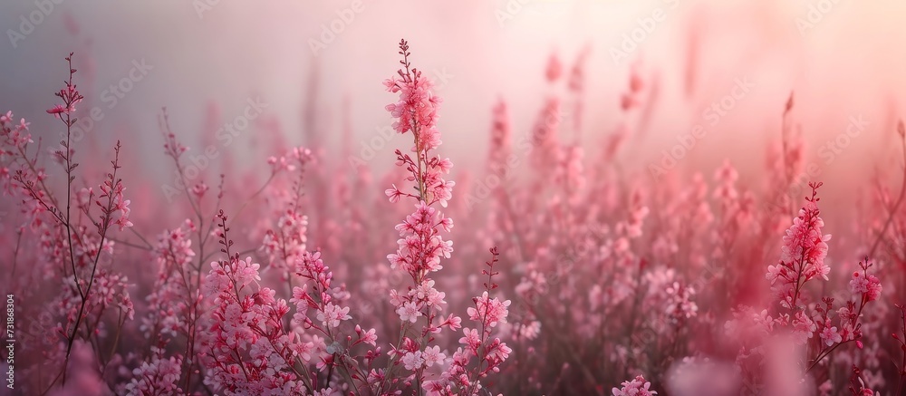 A beautiful natural landscape with a magenta flowering plant surrounded by pink flowers, set against a sunset backdrop.