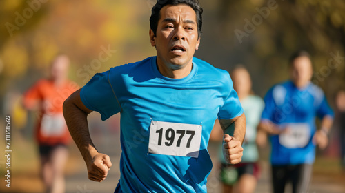 A focused senior man with a race bib numbered 1977 is actively running in a marathon event, showcasing fitness and endurance. photo