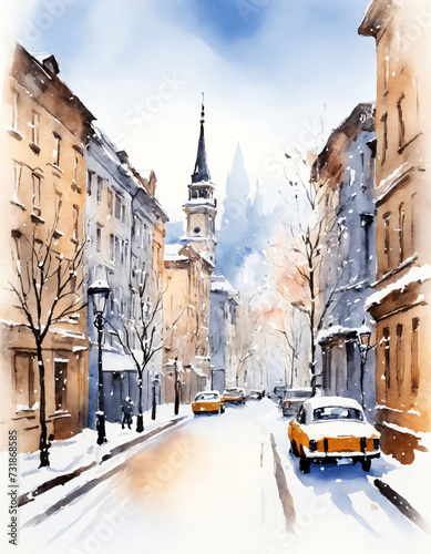 Winter morning in the city. Watercolor.