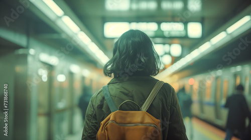 Solitude Amidst the Commotion: Woman Stands Alone in a Busy Subway Station, View from Behind