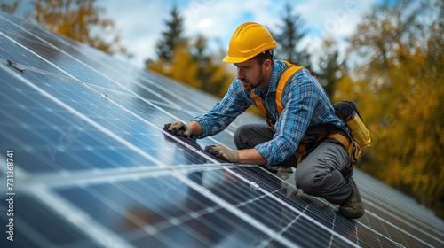 An young engineer is checking with tablet an operation of sun and cleanliness on field of photovoltaic solar panels on a sunset. Concept:renewable energy