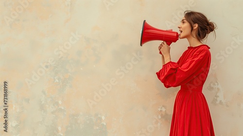 woman in a red dress shouting through a red megaphone making an announcement. with copy space.