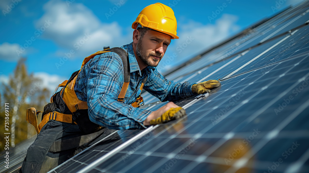 An young engineer is checking with tablet an operation of sun and cleanliness on field of photovoltaic solar panels on a sunset. Concept:renewable energy An young engineer is checking with tablet an operation of sun and cleanliness on field of photovoltaic solar panels on a sunset. Concept:renewable energy