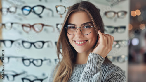 A smiling woman tries on glasses, standing in front of a display of various eyeglass frames in an optometry shop.